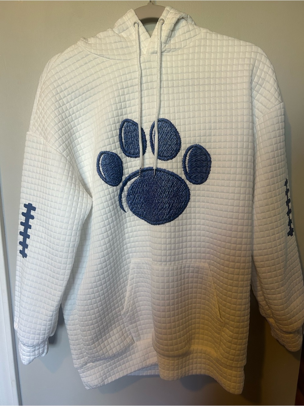 White Quilted Hoodie with Navy Paw Graphic
